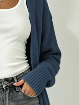 light gray relaxed cardigan with open-front
