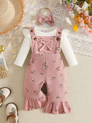 blush pink overalls with ditsy floral and round neck