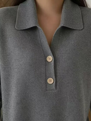 Gray Full Size Button Detail Long Sleeve Sweater