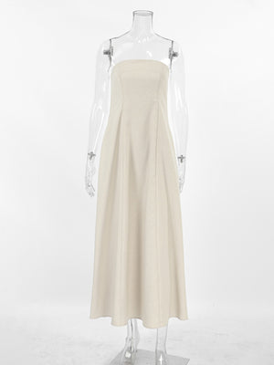 Beige smocked tube dress with zipper, a-line cut, cotton fabric