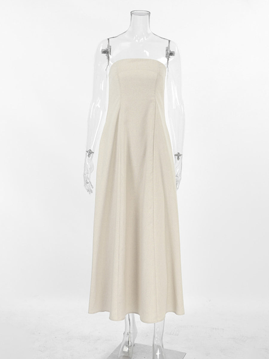 Beige smocked tube dress with zipper, a-line cut, cotton fabric