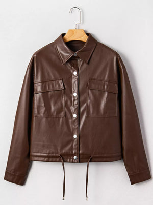 chocolate brown relaxed leather jacket with collared