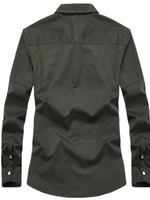 Army Green button-up shirt with hip-length and button-front