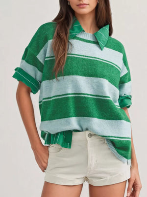 sky blue pullover sweater featuring ribbed and striped