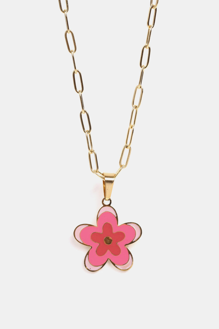 Enamel floral pendant necklace with 18K gold-plated chain, featuring pink and red flower design.