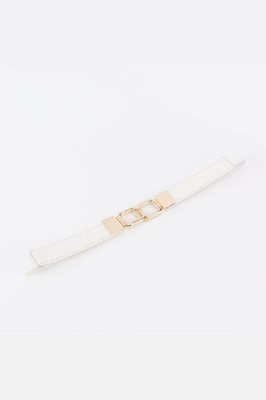 White belt with linked rectangle gold buckle