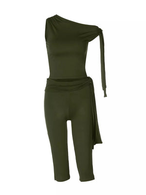 Olive green one-shoulder tie-knot two-piece set with capri leggings and draped sash detail.
