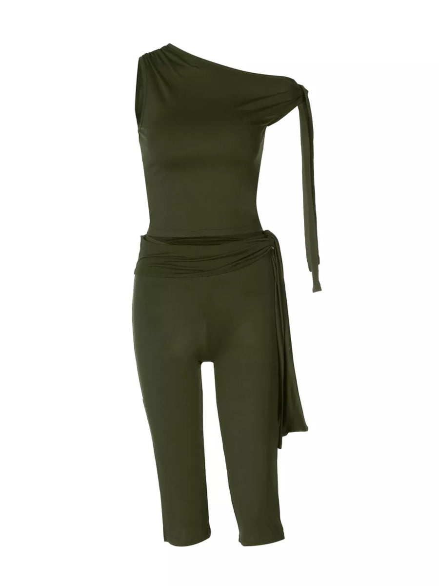 Olive green one-shoulder tie-knot two-piece set with capri leggings and draped sash detail.