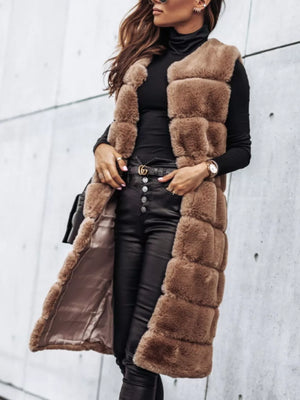 vest in camel featuring faux fur and straight fit