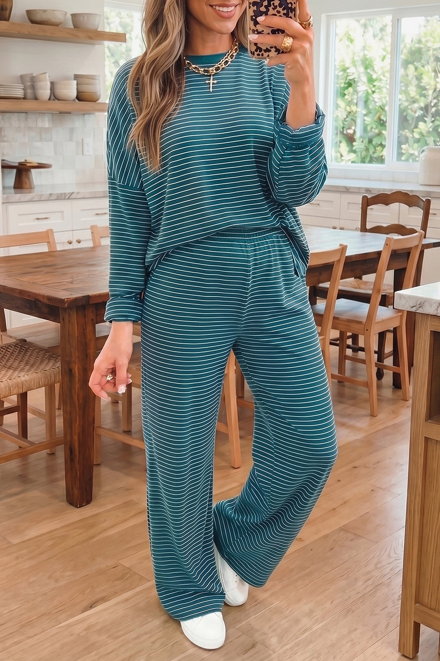 teal lounge set with tunic-length and pullover
