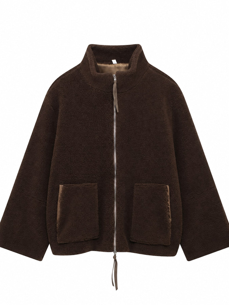 Sherpa Zip-Up Jacket in Off White with zipper