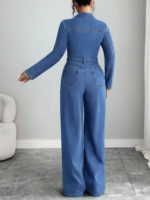 Button Front Long Sleeve Denim Jumpsuit option 6