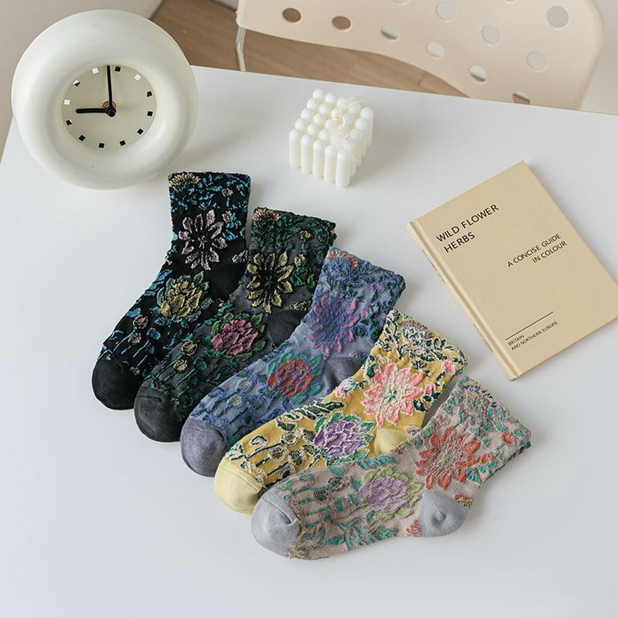 socks in Black with floral and jacquard knit