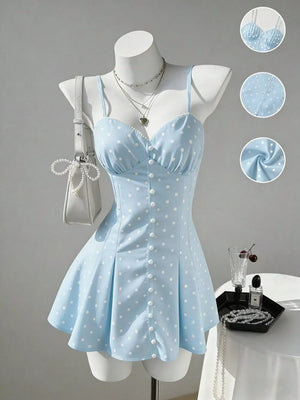 light blue mini dress with polka dot and sweetheart