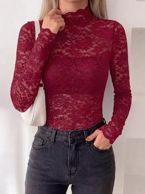 blouse featuring lace in Burgundy with 95% polyester, 5% elastane Care instructions: Machine wash cold texture