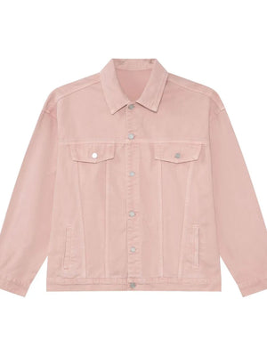 Blush pink denim trucker jacket with button front and chest pockets.