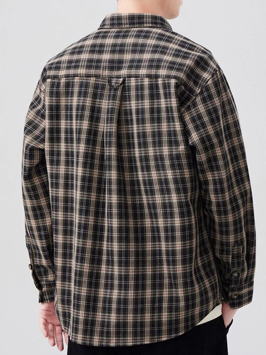 Refined Plaid Long Sleeve Men's Shirt in Army Green with button-down front and chest pocket.