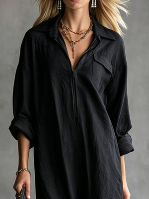 Zipper-Front Fringe Hem Midi Dress in Black with pocketed