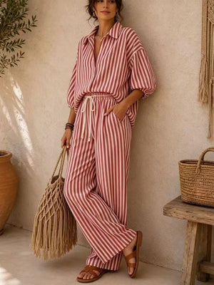 Light Blue lounge set with button-front, drawstring and striped