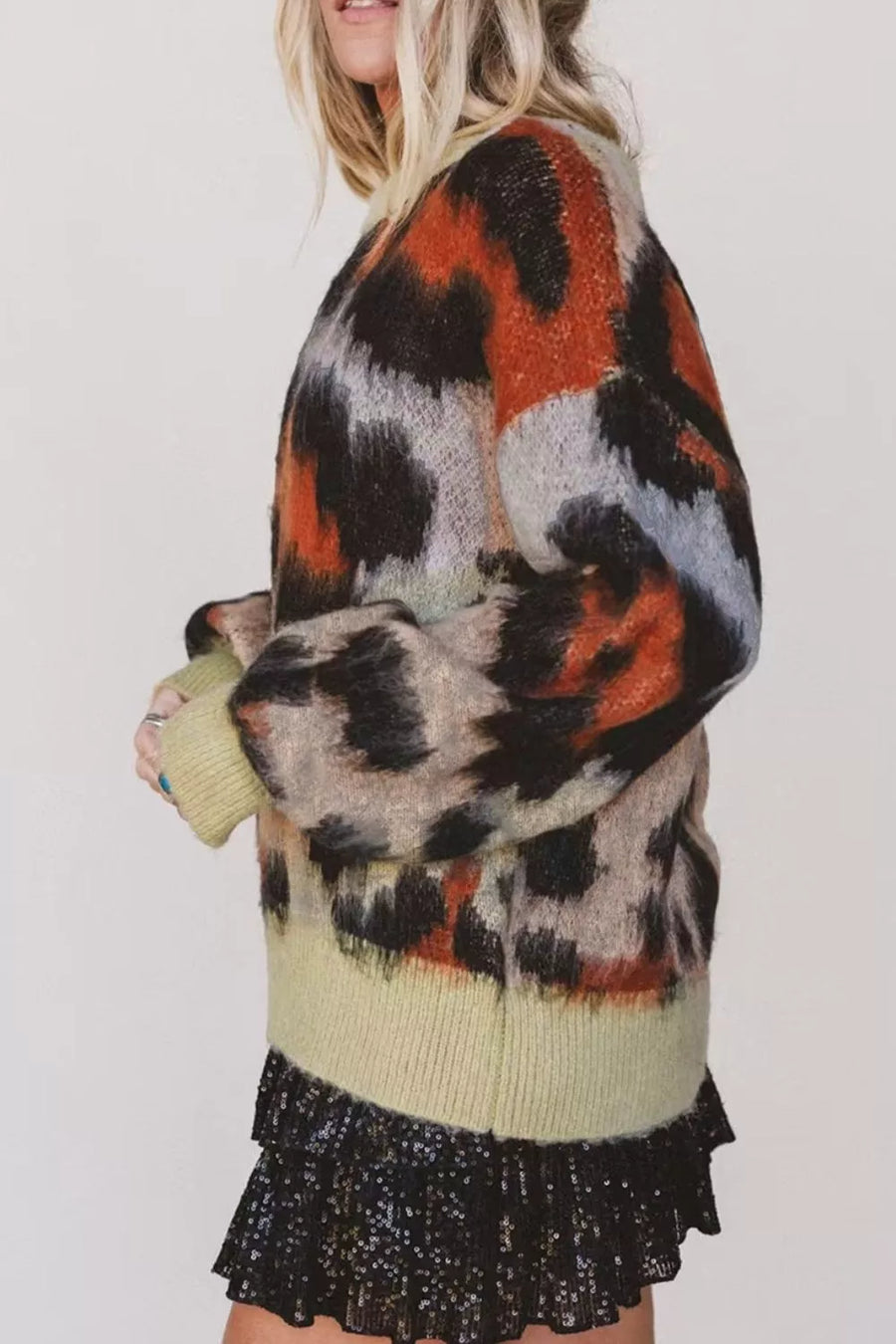 pullover sweater in rust with leopard-print and drop shoulder