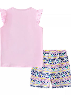 Toddler girls' pink cotton set with ruffled sleeves and geometric print shorts