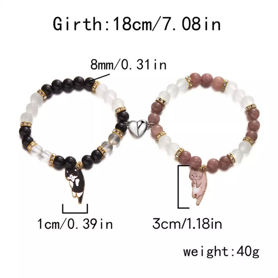 2 Piece 18k Gold-plated Beaded Cat Charm Bracelet in Style B with beaded