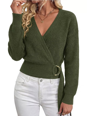 Army Green regular wrap sweater with v-neck