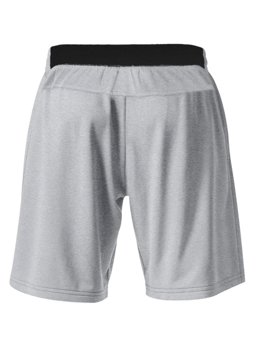 Light gray chino shorts with black elastic waistband and drawstring detail