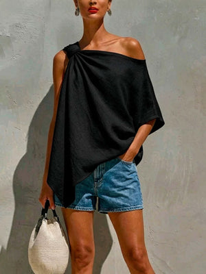 Black one-shoulder top with draped and short sleeve