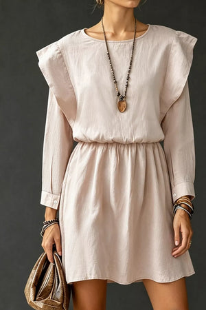 Eggshell with Ruffled Round Neck Long Sleeve Dress in Eggshell