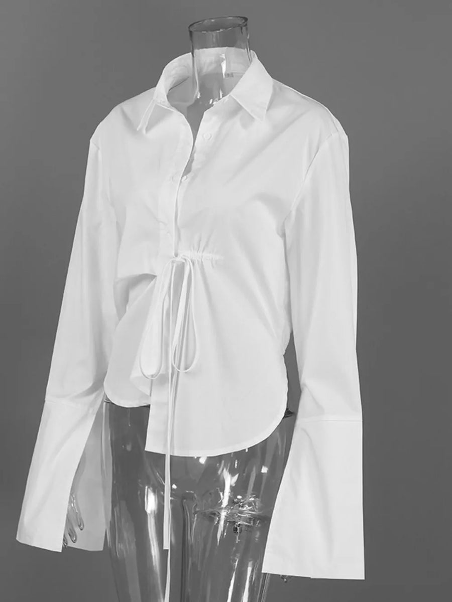 wrap top in white with tied and waist-length