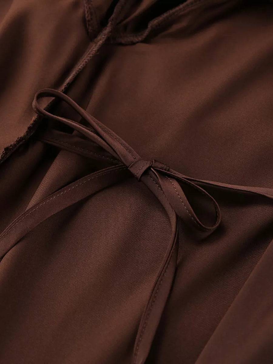 Satin Ruffle-trim Lounge Nightgown Robe in chocolate brown with belted