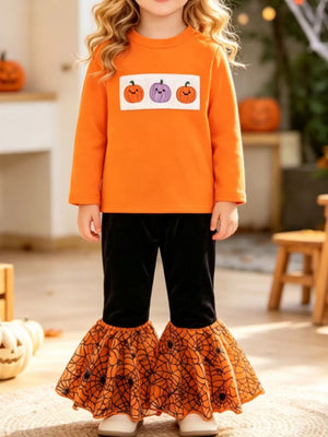 orange pajama set with pumpkin embroidery, spiderweb print and crew neck