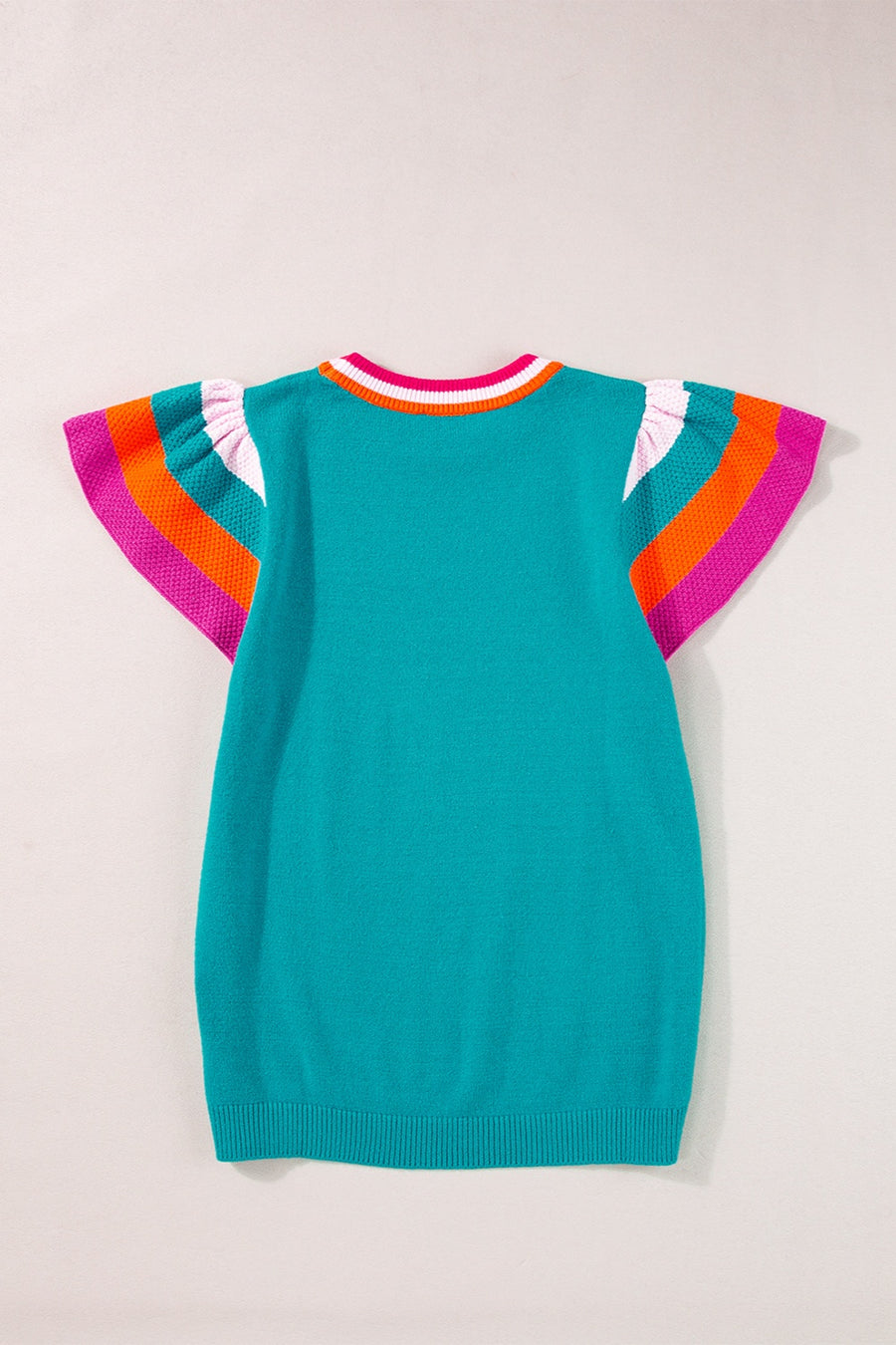 Teal knit blouse with flutter sleeves and colorblock trim in pink, orange, and white.