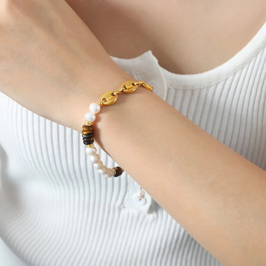 Gold link bracelet with pearls and tiger's eye beads