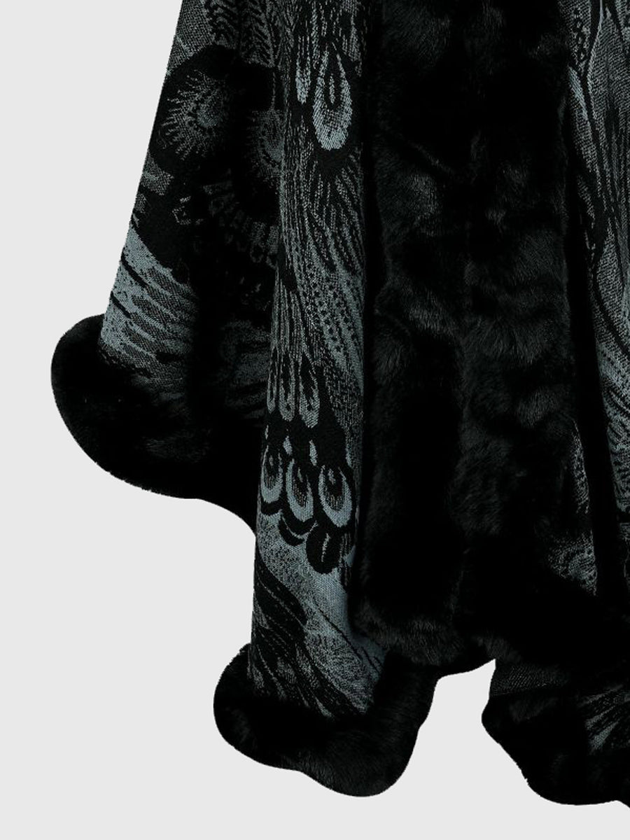 Charcoal feather print cape with faux fur trim detail