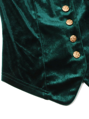 Green velvet button-down vest with gold buttons and lace trim detail