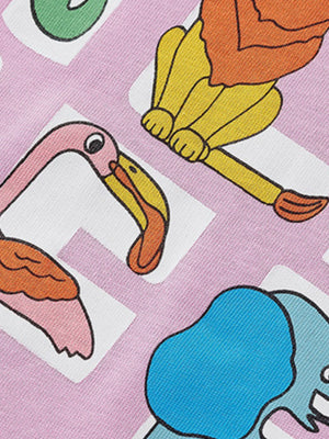 Toddler t-shirt in pink with playful wild animal graphics of a flamingo, lion, and elephant.