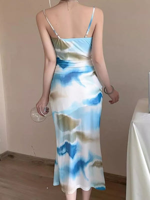 Green Abstract Watercolor Ruched Midi Dress