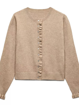 classic cardigan in camel with crew neck