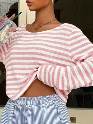 Boat Neck Striped Long Sleeve T-shirt in Light Blue
