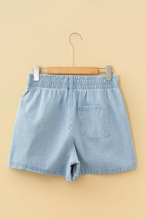 Light blue and white striped denim shorts with elastic waistband and back pocket.