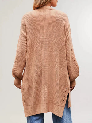 Open Front Openwork Knit Longline Cardigan in Khaki with pocketed