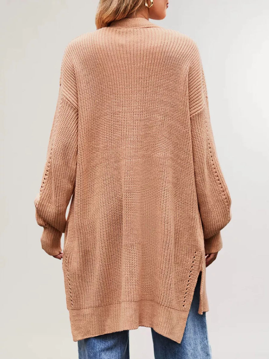 Open Front Openwork Knit Longline Cardigan in Khaki with pocketed
