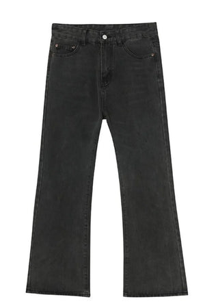 Dark gray vintage wash flare denim trousers with a casual fit.
