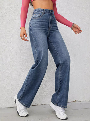 95% polyester, 5% elastane Care instructions: Machine wash cold wide-leg jeans in Deep Blue with wide-leg silhouette