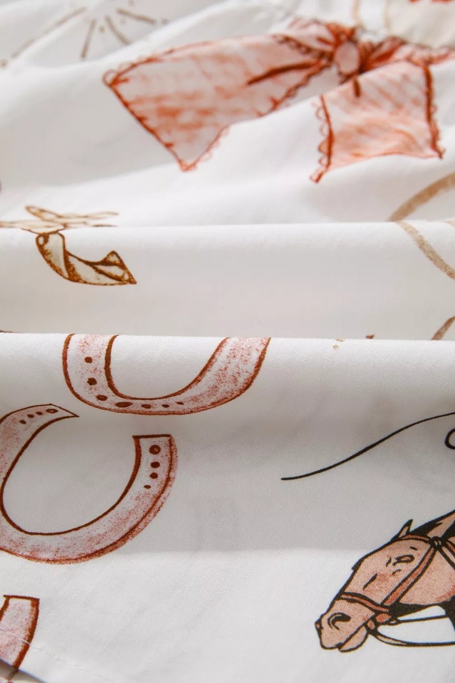 Cowboy Charm U-neck Midi Dress in white cotton blend with horseshoe and horse print.