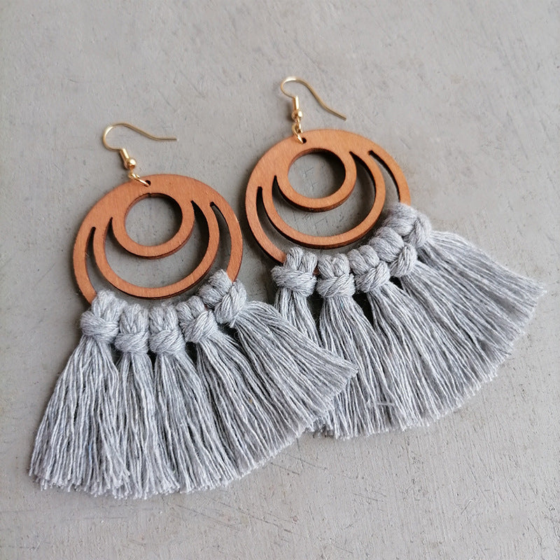Wooden hoop earrings with grey tassels