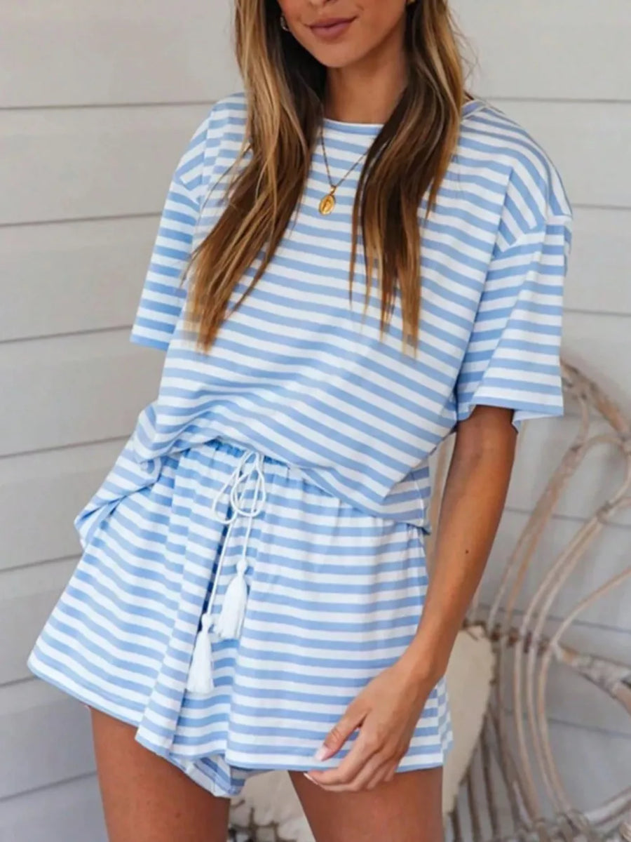 Blue and white striped loungewear set with drawstring shorts and a tee.