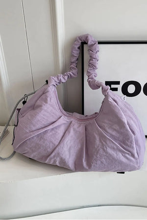Lilac gathered crescent shoulder bag with ruched strap and pleated detail